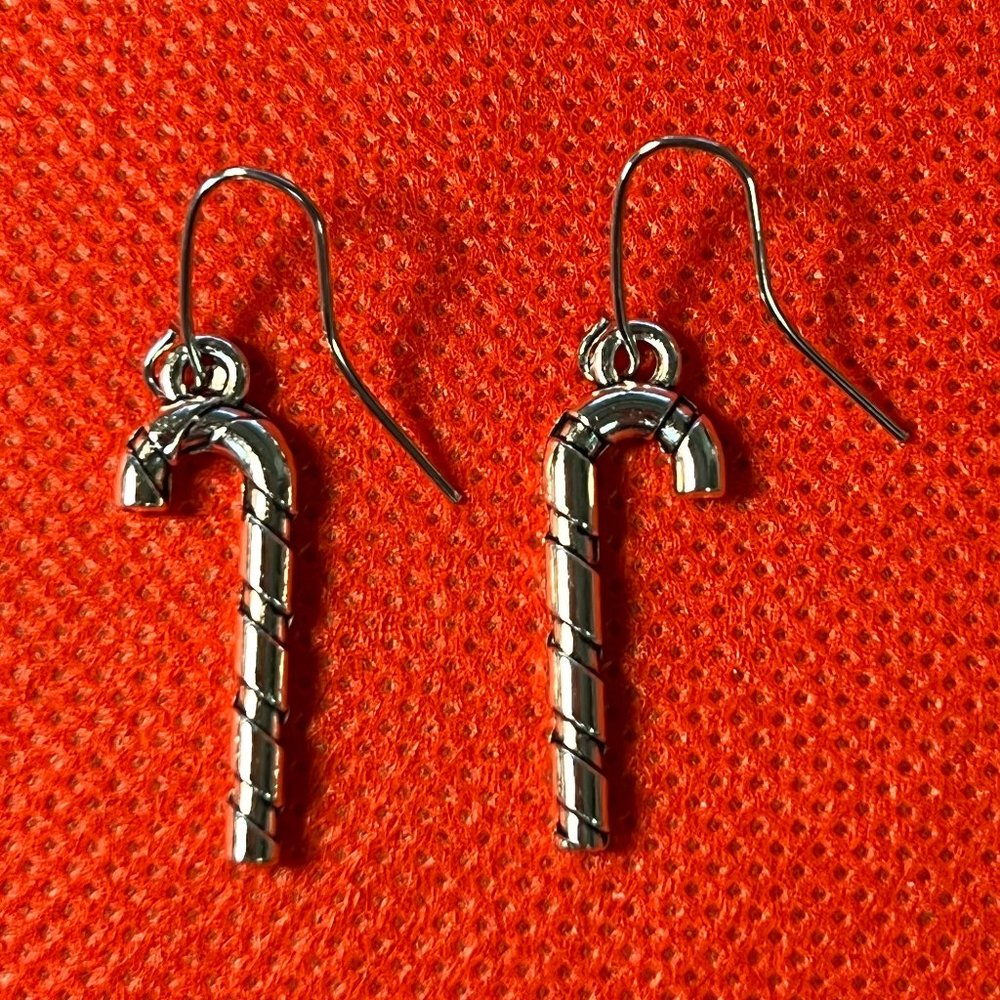 Candy Cane Silver Tone Pierced Earrings 0239